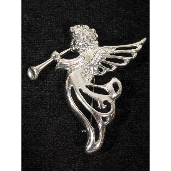 Vintage Signed SFJ Silver Tone Angel Trumpet Open Work Pin Brooch - Picture 2 of 6